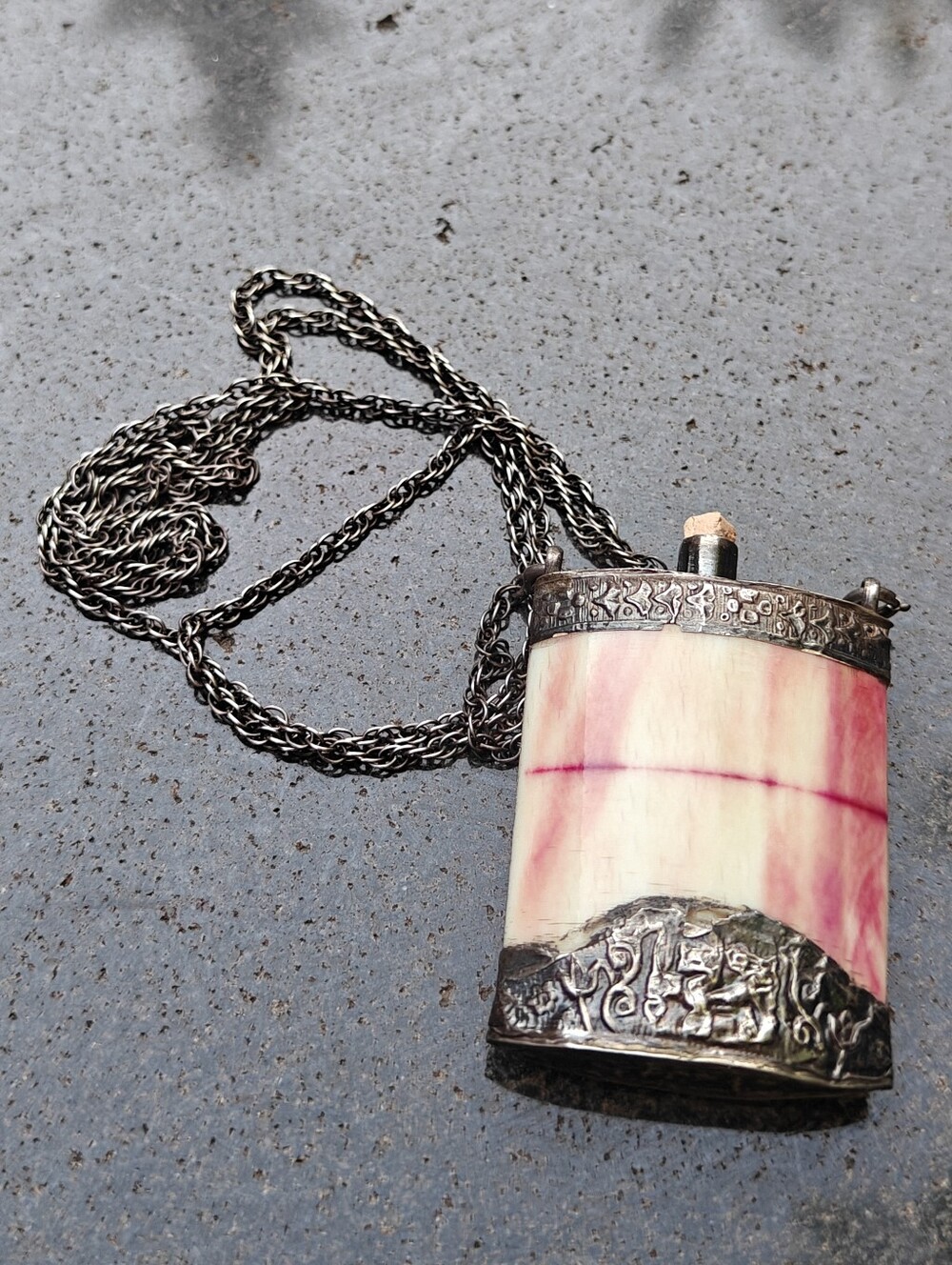 Antique Bone & Silver Snuff Bottle Pendant Necklace